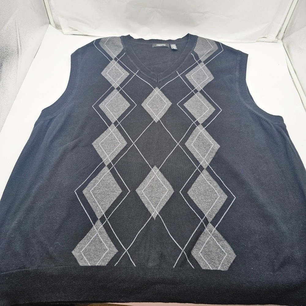 Claiborne Sweater Vest Men's 3XLT Black Argyle Cotton V-Neck Knit Preppy Work